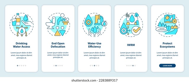 Clean water and sanitation onboarding mobile app screen. Walkthrough 5 steps editable graphic instructions with linear concepts. UI, UX, GUI template. Myriad Pro-Bold, Regular fonts used