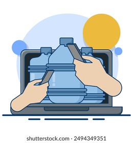 Clean water service concept. Bottle with clean water. Online water delivery service. Supply, delivery. Business logistics industry. Water distribution and transportation. Flat vector illustration.
