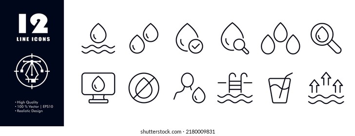 Clean water set icon. Water drops, purified, magnifier, check mark, crossed out drop, no entry with water, swimming pool, drink, evaporation, arrows up. Vector line icon for Business and Advertising.