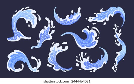 Salpicaduras de agua limpia. Dibujos animados azul aqua salpicadura, gotas de agua líquida, agua transparente salpicaduras Ilustración vectorial plana conjunto. Flujos de agua y colección de las olas