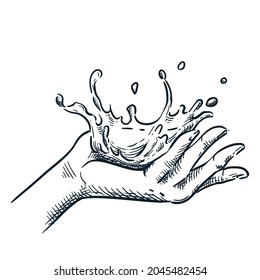 Clean water splash on human hand. Vector hand drawn sketch illustration. Skin care and spa procedures design element.