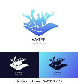 Clean water splash on human hand icon, logo sign emblem design template. Vector illustration. Skin care, cosmetics brand label, spa procedures concept