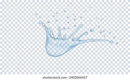 Agua limpia con salpicaduras ilustrativas vectoriales realistas. Movimiento dinámico de salpicadura líquida con gotas de elemento 3d sobre fondo transparente