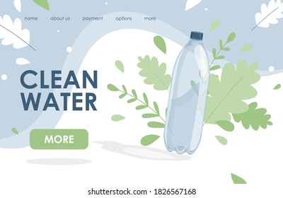 Clean water vector flat landing page design with text space. Big plastic bottle with fresh water. Water delivery website template. Active and healthy lifestyle, drink more water concept.