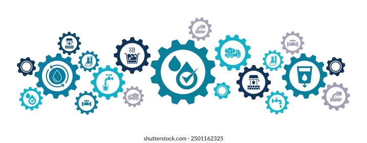 Clean water vector illustration. Blue concept with icons related to water purification and filtration  sewage treatment facility and water testing and quality, drinking water, sanitation technology