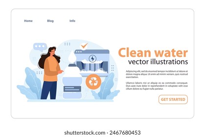 Clean water web banner or landing page. Woman pouring clean water from faucet. SDG or sustainable development goal. Environment protection, climate and nature preservation. Flat vector illustration