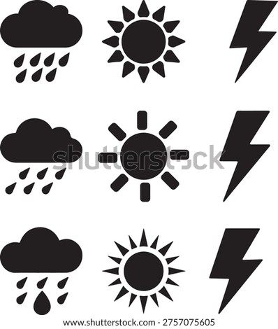 Clean weather icon set sun cloud raindrop lightning silhouettes