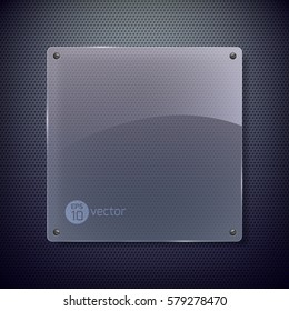 Clean web design template with glass square attached to metal grid background isolated vector illustration
