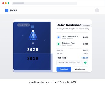 Limpie la interfaz de confirmación del Completar compra de la tienda de Web que muestra una compra digital exitosa del producto, el resumen del pedido, los detalles del Precios, el Estado de pago y los Botones de Descarga en una interfaz de usuario moderna.
