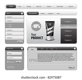 Clean Website Design Gray Elements: Buttons, Form, Slider, Scroll, Icons, Tab, Menu, Navigation Bar, Login, Template : Part 2