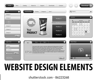 Clean Website Design Gray Elements: Buttons, Form, Slider, Scroll, Icons, Tab, Menu, Navigation Bar, Login, Video player, Calendar, Arrows, Download, Template : Part 3 Vector 	