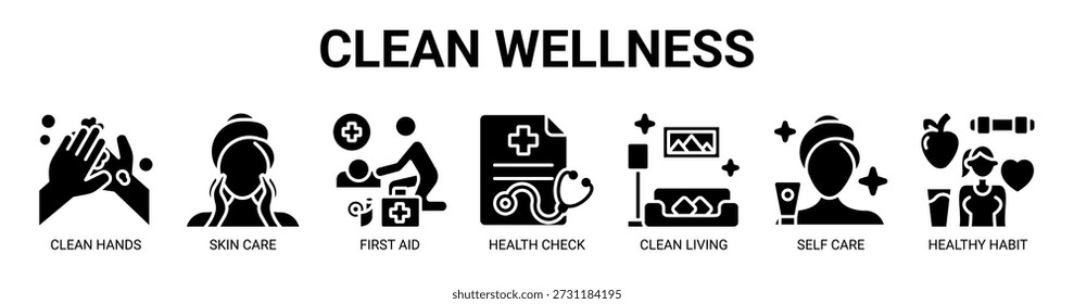 Conceito de ilustração vetorial de ícone de banner web de bem-estar limpo com ícone de mãos limpas, cuidados com a pele, primeiros socorros, verificação de saúde, vida limpa, autocuidado e hábito saudável.