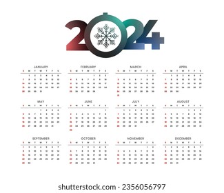 clean white 2024 english calendar template with snowflake design vector