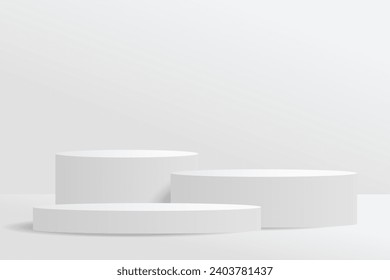 Clean white 3d room with round pedestal or stand for displaying products or merchandise. stage for exhibition Designed for advertising or product prom