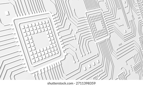 Un fondo blanco limpio presenta patrones de placas de circuitos en capas y microchips. Este diseño de Vector minimalista incluye líneas de conexión complejas, sombras y Pequeños detalles cuadrados decorativos