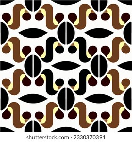 Clean white background featuring brown and black shapes that evoke a sense of nostalgia for 70s design. This art deco inspired pattern, discovered on found, combines simplicity.