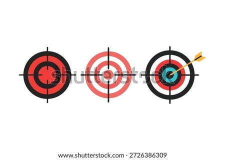 A clean, white background showcases three stylized target icons arranged horizontally. The first target features strong red and black concentric circles, symbolizing a clear objective. The second target utilizes softer red hues and black outlines, offering a slightly different visual emphasis on aiming. The third and most prominent target incorporates a vibrant color palette of black, red, white, and light blue, with a bright yellow arrow piercing its exact center. This dynamic imagery strongly conveys themes of precision, successful outcome, hitting the mark, strategic planning, and the attainment of goals in various professional or personal endeavors, emphasizing focus and accomplishment.