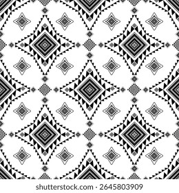 Clean white base with sharp black tribal forms, forming a high-contrast ethnic pattern perfect for packaging, apparel, and monochrome design themes.
