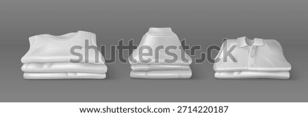 Clean white clothing stacks in realistic 3D - shirt pile, turtleneck sweater heap and polo with buttons. Folded laundry cloth collection - neat fabric layers. Minimalist apparel mockup set on grey.