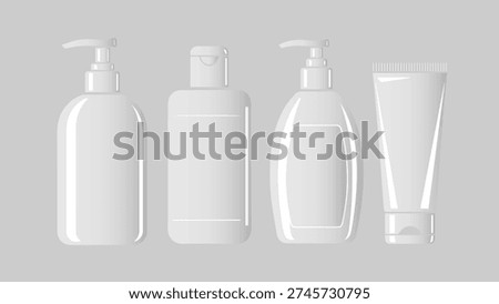 Clean white cosmetic packaging mockup set featuring pump bottles and squeeze tube. Perfect for skincare, shampoo, lotion branding. Isolated 3D render template for label design