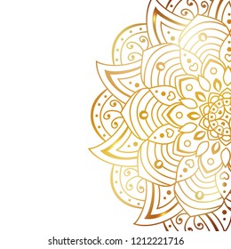 Clean white cover with gold beautiful flower. Golden vector mandala isolated on white background. A symbol of life and health. Invitation, wedding card, scrapbooking, magic symbol.