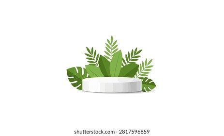 A clean white cylindrical podium is centered against a plain white background, surrounded by a variety of vibrant green tropical leaves. The arrangement includes monstera and palm fronds, creating a natural and fresh aesthetic perfect for product showcases. The lighting is soft, emphasizing the smooth texture of the platform and the organic shapes of the foliage.
