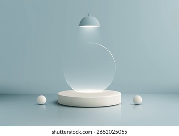 pódio cilíndrico branco limpo sob um holofote mantém um painel circular claro com duas esferas laterais, definido em um espaço cinza azul. Ideal para mostrar produtos em maquetes de marca moderna