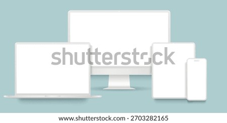Clean white devices mockup set with blank screen. Tablet PC, desktop computer, laptop and smart phone