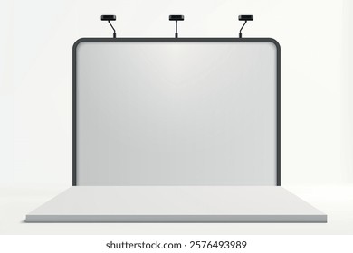 A clean white exhibition backdrop illuminated by three black spotlights on a raised platform