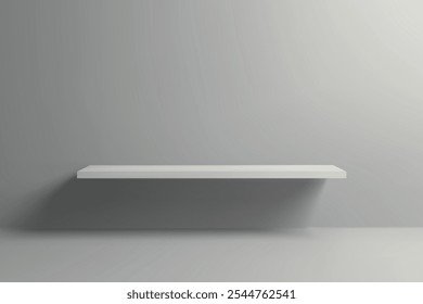 A clean, white floating shelf mounted on a plain gray wall in a minimal setting.