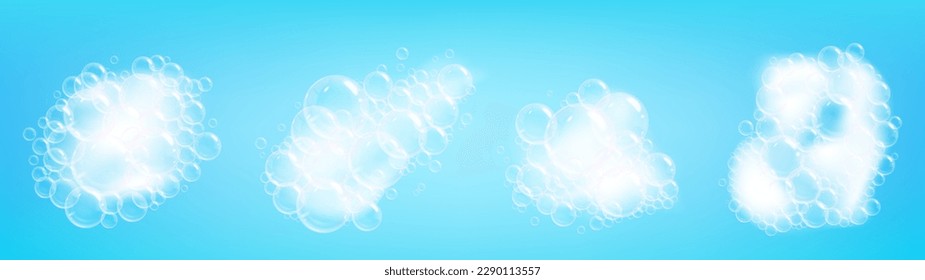 Clean white foam with transparent bubbles. Soap foams elements, shampoo or douche gel. Cleaning or washing symbols vector graphic set