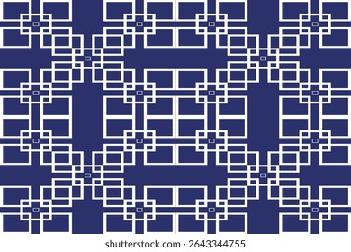 A clean white geometric pixel square pattern arranged symmetrically on a deep blue background. This modern and minimalist pixel art design is perfect for fabric prints, wallpaper, tech packaging, or c