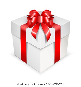 Clean white gift box with a lush bow. Square container with satin bright red ribbons isolated on white background. Vector illustration.