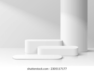 Clean white and gray 3d room with set of pedestal podium with huge pillar. Wall minimal scene mockup product display, Round stage showcase, Cosmetic banner promotion display. Abstract empty platforms.