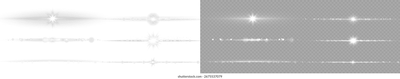 Clean white horizontal glow lines with magic sparkles. Transparent neon beam dividers for elegant visuals, modern banners, or cinematic light overlays.