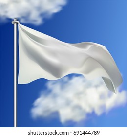 Clean white horizontal waving flag, isolated on sky background. Realistic vector flag mockup. Template for business.