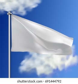 Clean white horizontal waving flag, isolated on sky background. Realistic vector flag mockup. Template for business.