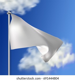Clean white horizontal waving flag, isolated on sky background. Realistic vector flag mockup. Template for business.