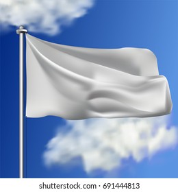 Clean white horizontal waving flag, isolated on sky background. Realistic vector flag mockup. Template for business.