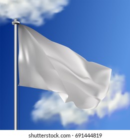 Clean white horizontal waving flag, isolated on sky background. Realistic vector flag mockup. Template for business.