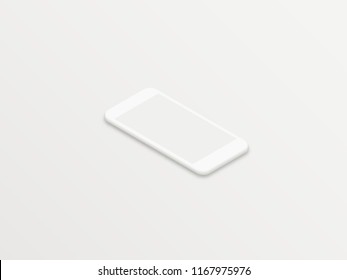 Clean white isometric realistic smartphone vector mockup with blank screen on white background. Minimal isometric user interface smartphone UI concept.