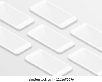 Clean White Isometric Realistic Smartphones With Blank Screens Vector Grid. Mobile App User Interface Ui Kit Concept Smartphone Screens Shiny Mockup On White Background.