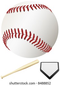 A clean, white major league baseball, ready for spring training & to throw out the first pitch of the season. Home Plate & Bat.