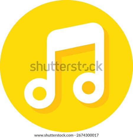 A clean white musical note icon, presented within a bright yellow circular frame with a soft shadow effect, is isolated on a pure white background, symbolizing audio.