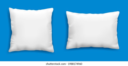 Modelación de almohadas blancas limpias aisladas en fondo azul, ilustración vectorial en estilo realista. Cuadrado para relajación y plantilla de sueño.