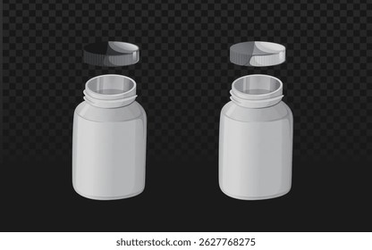 Garrafas de plástico branco limpo com tampas destacadas, perfeito para farmácia, suplemento ou maquetes de produtos médicos. Ideal para imagens de marca de serviços de saúde, e-commerce ou embalagens de prescrição.