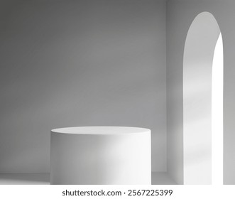 Clean white podium interior with minimalist arch doorway design. Round cylindrical display platform on gray background for modern exhibition space. Product presentation or gallery setup with stage.