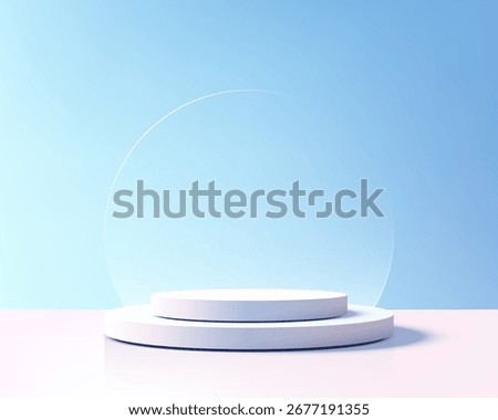 Clean white podium with pastel gradient background and transparent sphere creates a modern presentation stage for showcasing products in a minimal elegant and airy setting