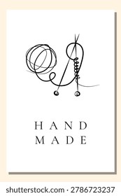 A clean white poster displays a black abstract line drawing of wool yarn and a knitting needle. The words 'HAND MADE' are prominently featured below, highlighting craft quality.