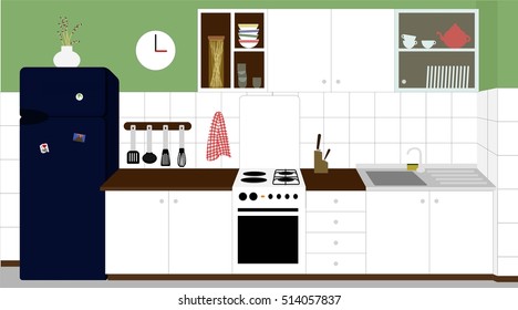 Clean white rustic kitchen with green walls and white tiles and a navy blue refrigerator